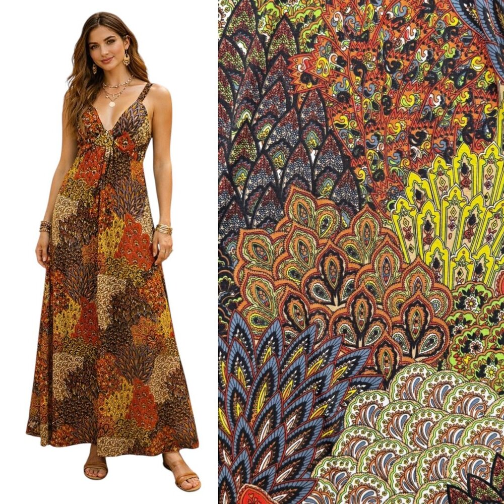 Raindrops by Papillon Maxi Dress Paisley Peacock Size S Festival Boho Patchwork‎